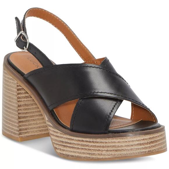Lucky Brand Women Delmie Slingback Platform Sandals Size US 8M Black Leather